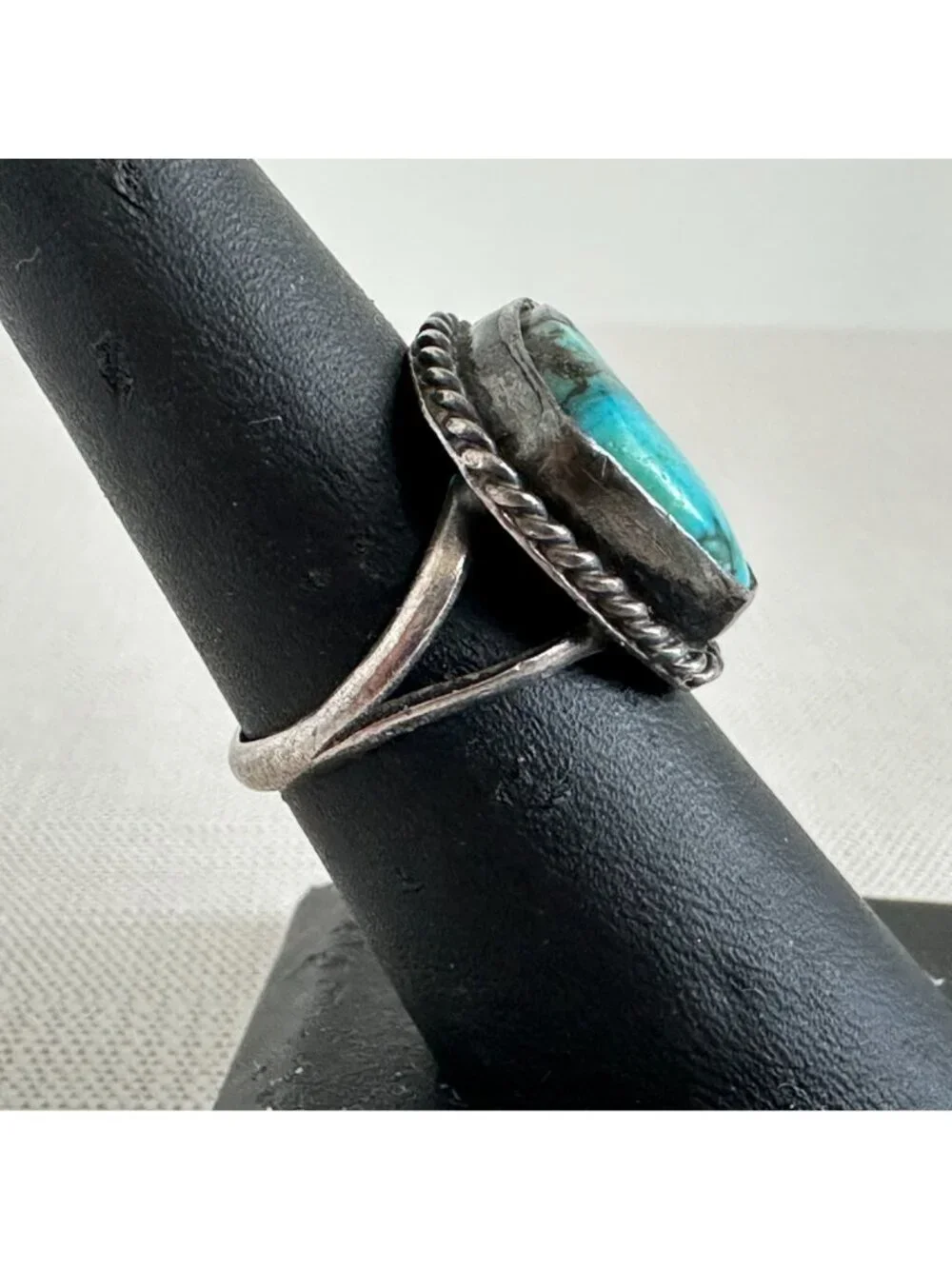 1970s Southwestern Sterling Silver Turquoise Ring Rope Bezel Size 7 - Picture 3 of 6